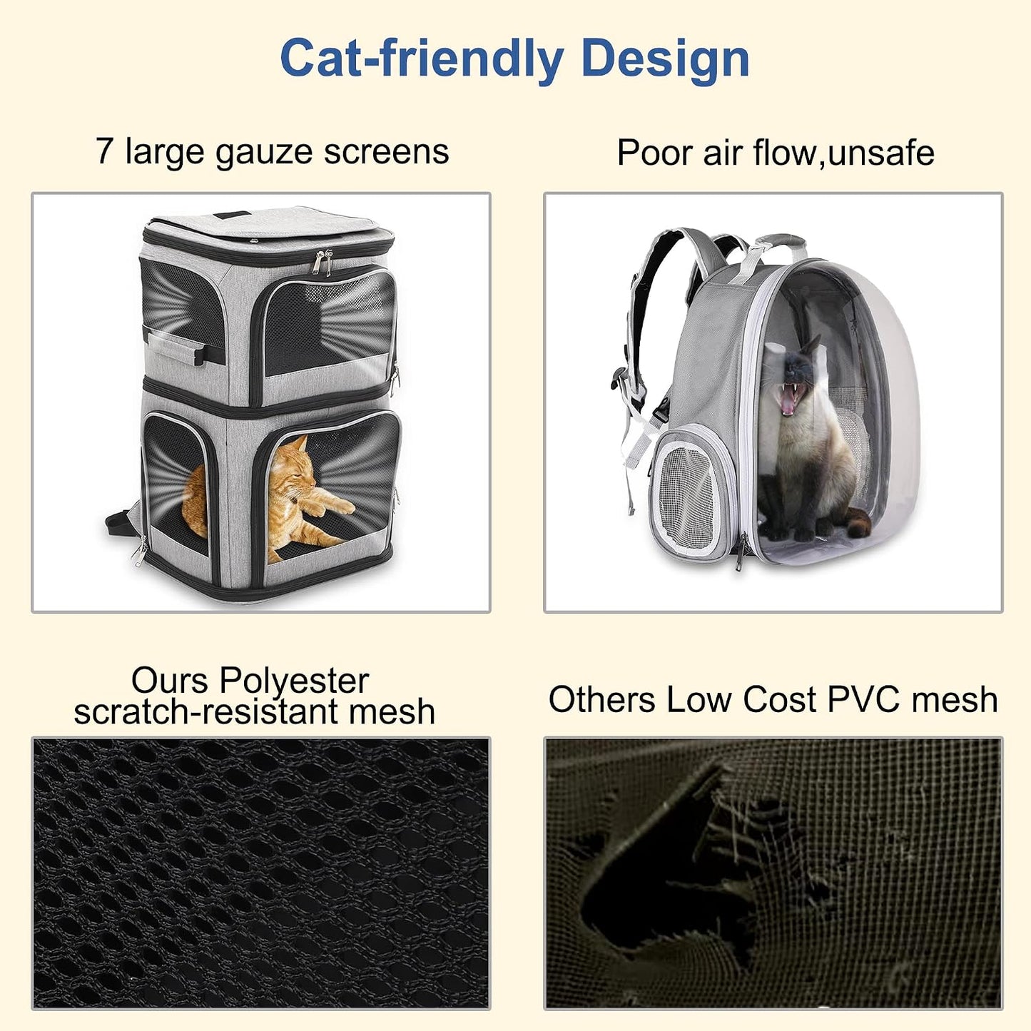 Expandable Cat Backpack Carrier for 2 Cats, Dog Backpack for 2 Small Pets Dogs, Cat Carrier for Large Cats Multiple Pets, 7 Windows Ventilation, Built-In Frame Support Plate and Safety Straps Foldable