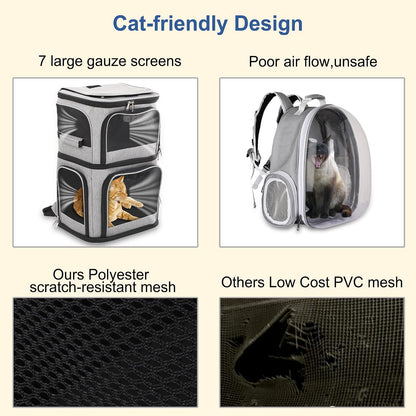 Expandable Cat Backpack Carrier for 2 Cats, Dog Backpack for 2 Small Pets Dogs, Cat Carrier for Large Cats Multiple Pets, 7 Windows Ventilation, Built-In Frame Support Plate and Safety Straps Foldable