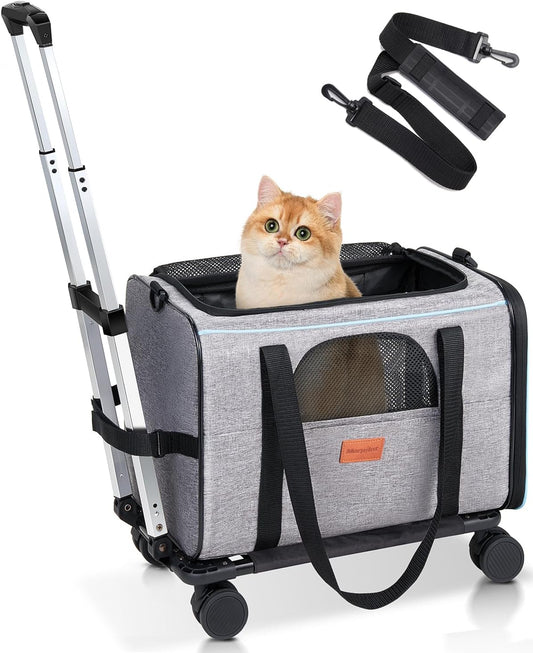 Cat Transport Box with Trolley, Foldable Cat Transport Box, Dog Carrier with Wheels for Small Dogs and Cats