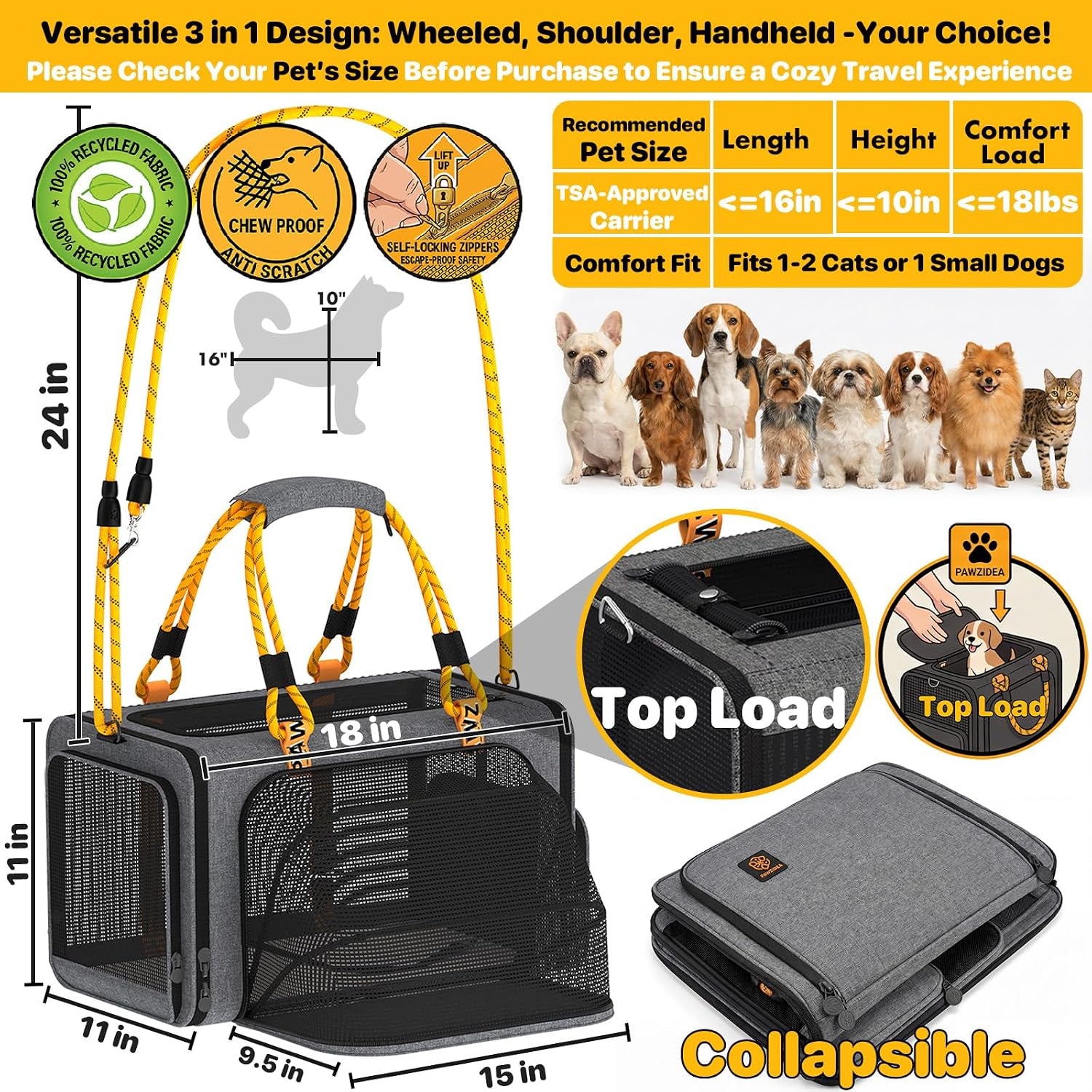 Expandable Pet Carrier for Small Cats & Dogs, TSA Airline Approved | 18"×11"×11" Soft-Sided Small Dog Travel Bag, Collapsible Top-Load Cat Carrier for 2 Cats under Seat, Puppy Car Seat up 15Lbs