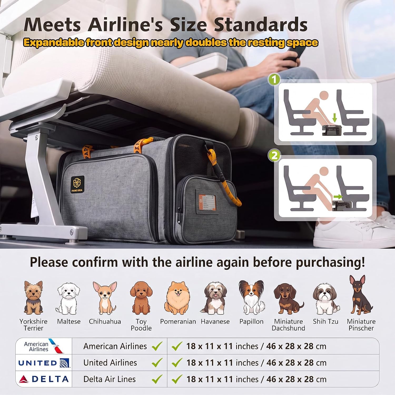 Expandable Pet Carrier for Small Cats & Dogs, TSA Airline Approved | 18"×11"×11" Soft-Sided Small Dog Travel Bag, Collapsible Top-Load Cat Carrier for 2 Cats under Seat, Puppy Car Seat up 15Lbs