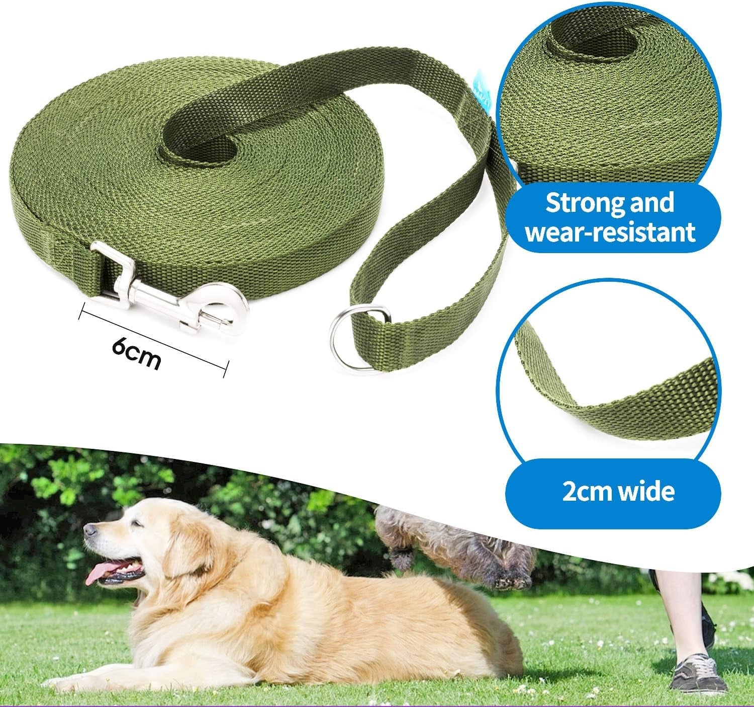 15/20/30/50/100 Ft Long Dog Training Leash with Clickers for Small, Medium and Large Dogs or Cats (50 Feet, Darkgreen)