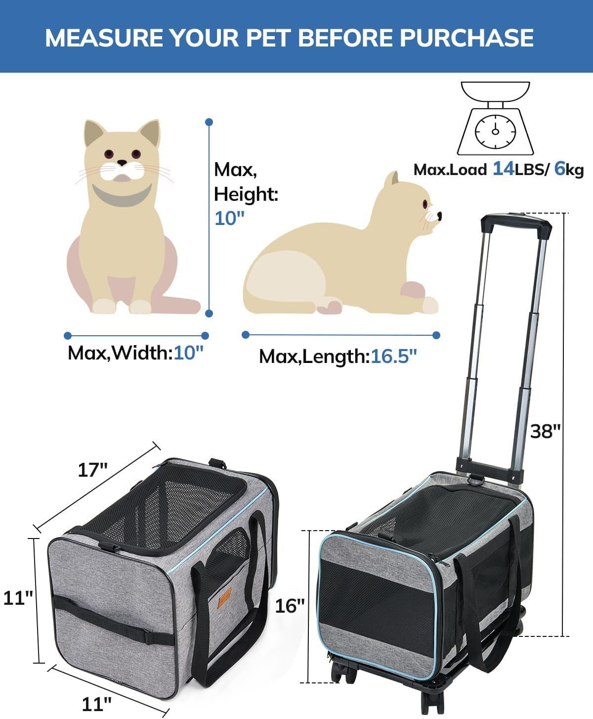 Cat Transport Box with Trolley, Foldable Cat Transport Box, Dog Carrier with Wheels for Small Dogs and Cats