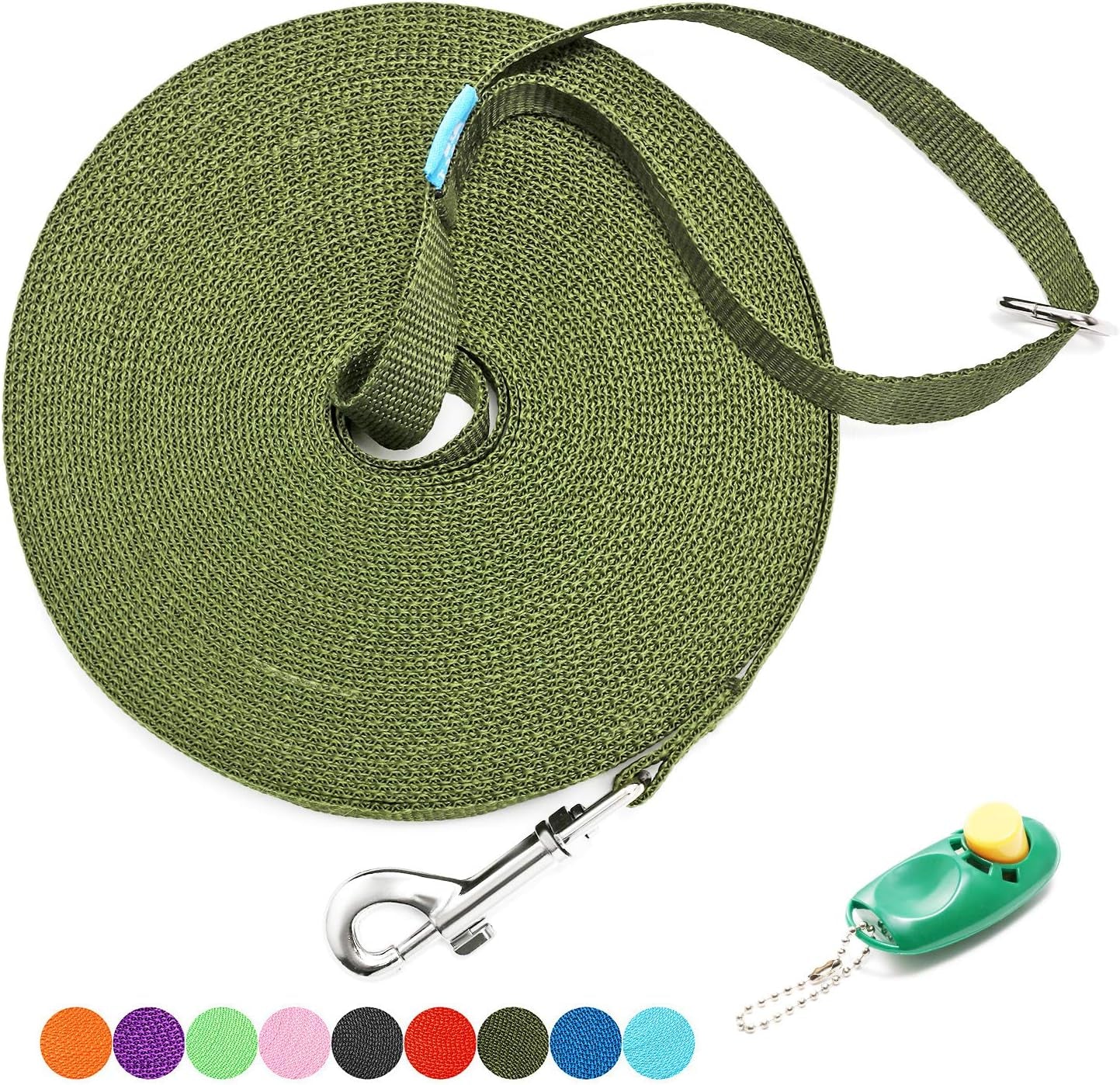 15/20/30/50/100 Ft Long Dog Training Leash with Clickers for Small, Medium and Large Dogs or Cats (50 Feet, Darkgreen)