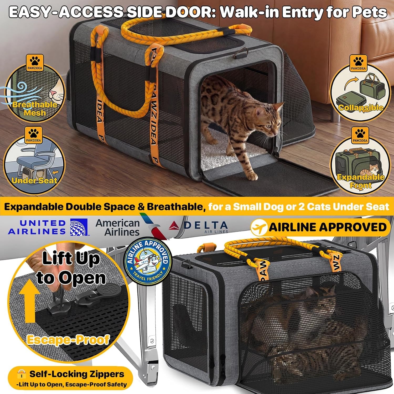 Expandable Pet Carrier for Small Cats & Dogs, TSA Airline Approved | 18"×11"×11" Soft-Sided Small Dog Travel Bag, Collapsible Top-Load Cat Carrier for 2 Cats under Seat, Puppy Car Seat up 15Lbs